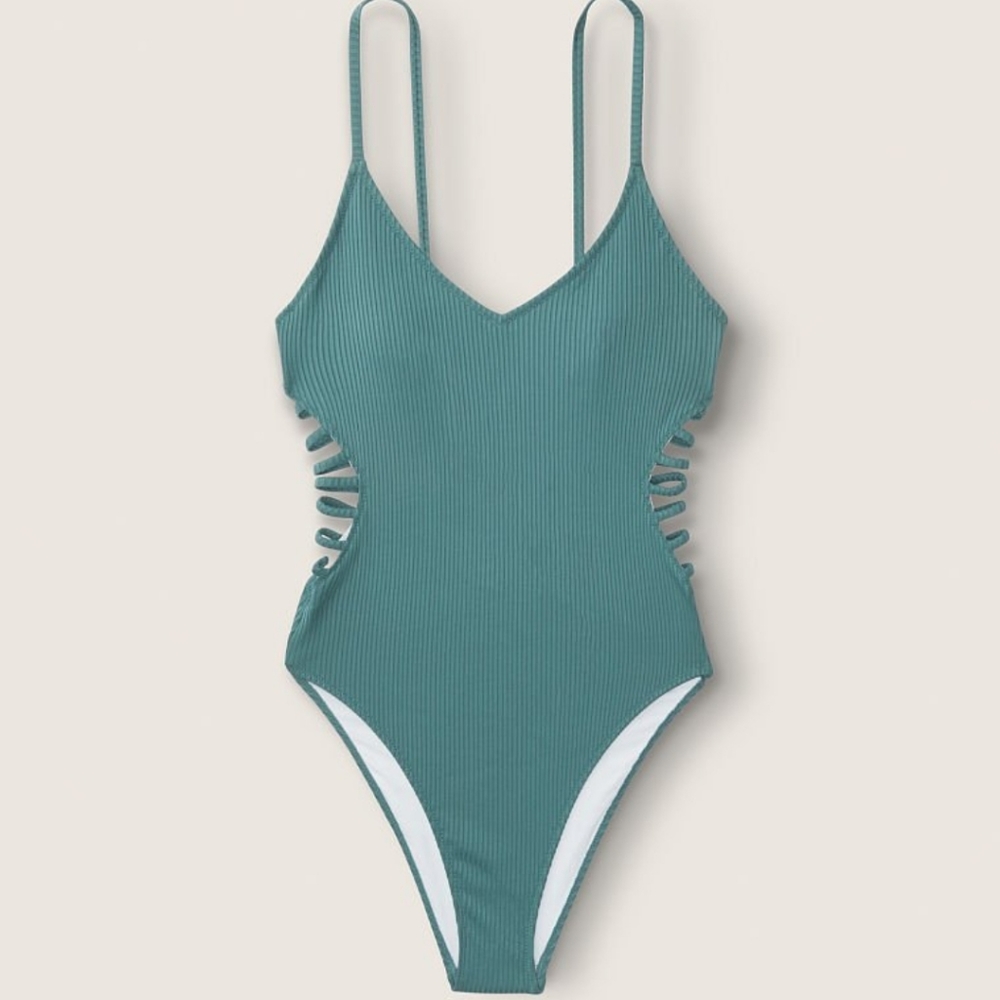 PINK STRAPPY SIDE RIBBED ONE-PIECE